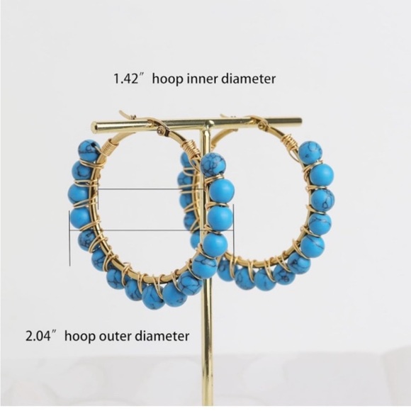 🌹🆕 Beaded Boho Hoop Earrings Blue and yellow gold - Picture 4 of 6
